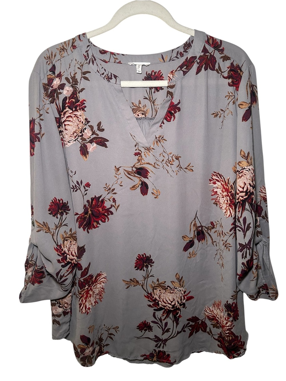 Maurices Women's Floral Split-Neck Blouse Gray Burgundy Floral Long Sleeve Light